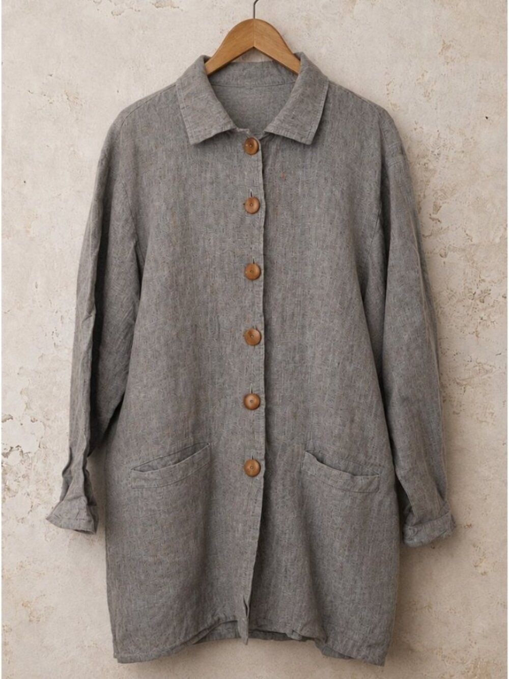 FLAX Jeanne Engelhart S Linen Shirt Jacket Shacket Oversized Gray Pockets Chore